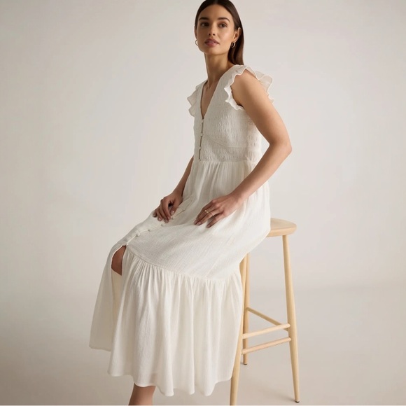 Quince Organic Textured Cotton Smocked V-Neck Midi Dress White Large - Picture 2 of 14